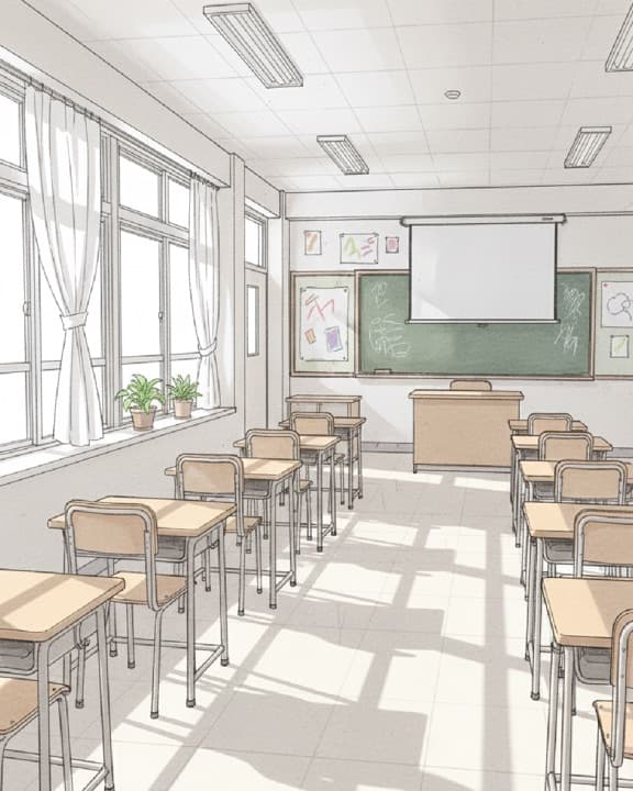 A sunlit classroom with plants on the windowsill and rows of desks.