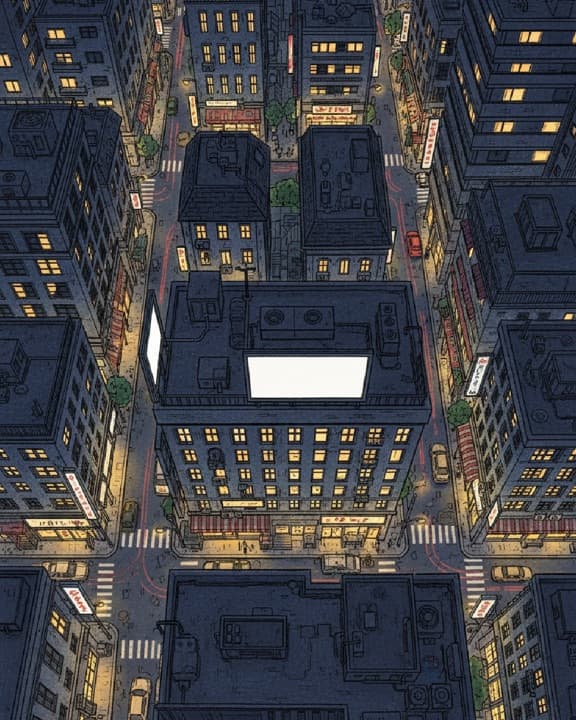 A city at night seen from above, windows and neon signs lit.
