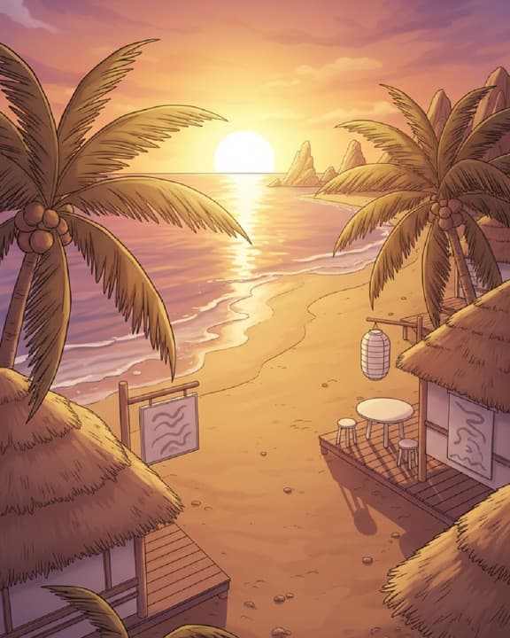 A beach at sunset with palm trees and thatched huts.