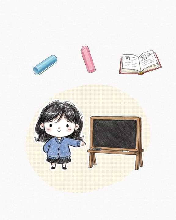 Props — a blackboard, chalk and an open book, with a character beside them.