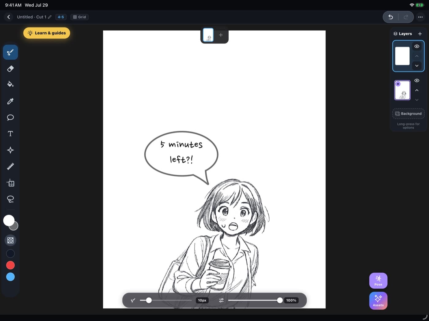 The Tooni editor — a canvas with a character and balloon, tool rail on the left, layer panel on the right