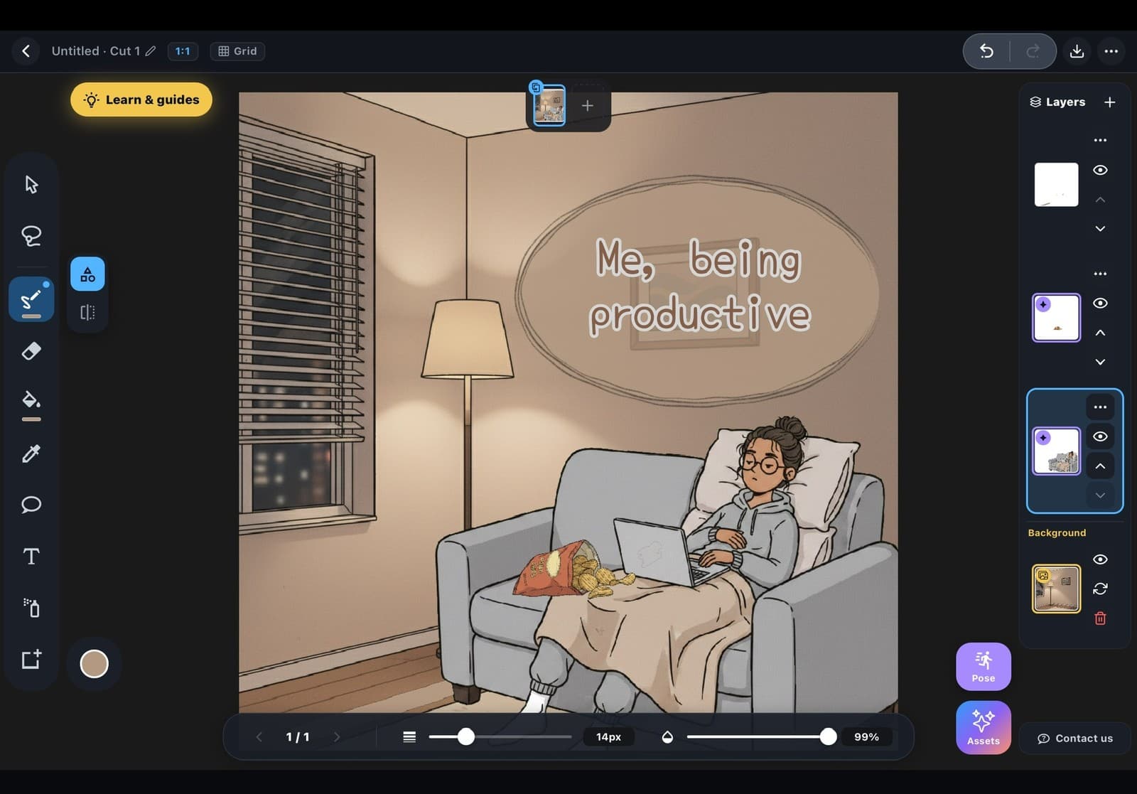 The Tooni editor, showing a canvas with a character and balloon, a tool rail on the left, and a layer panel on the right
