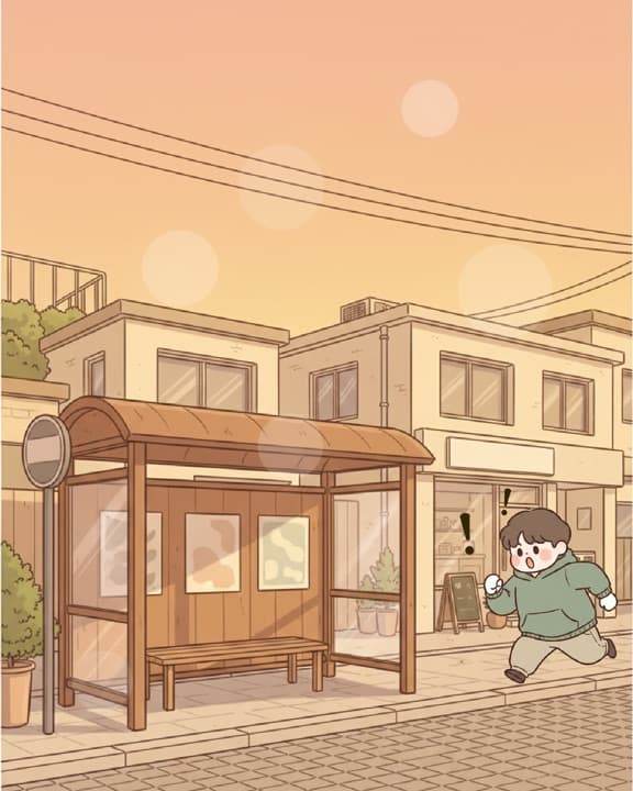 노을 진 바닷가 배경. 야자수와 초가지붕 가게가 있다.